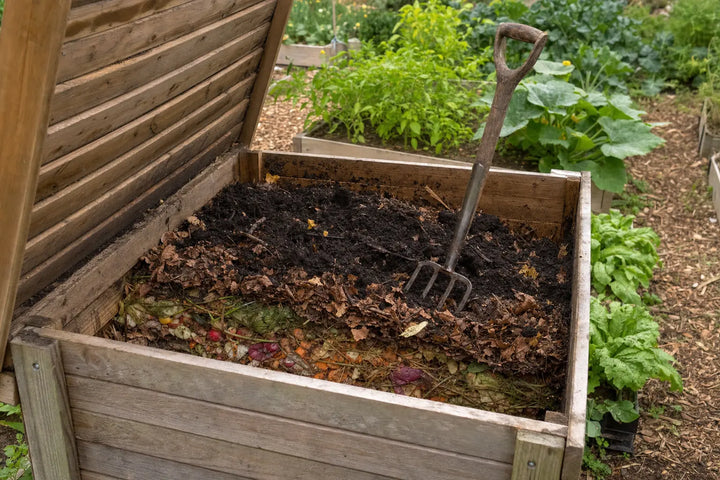 Composteur en bois avec déchets de cuisine, feuilles et compost mûr, fourche