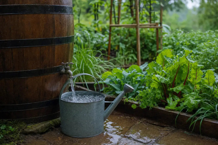 Récupérateur d'eau de pluie remplissant un arrosoir dans un potager verdoyant