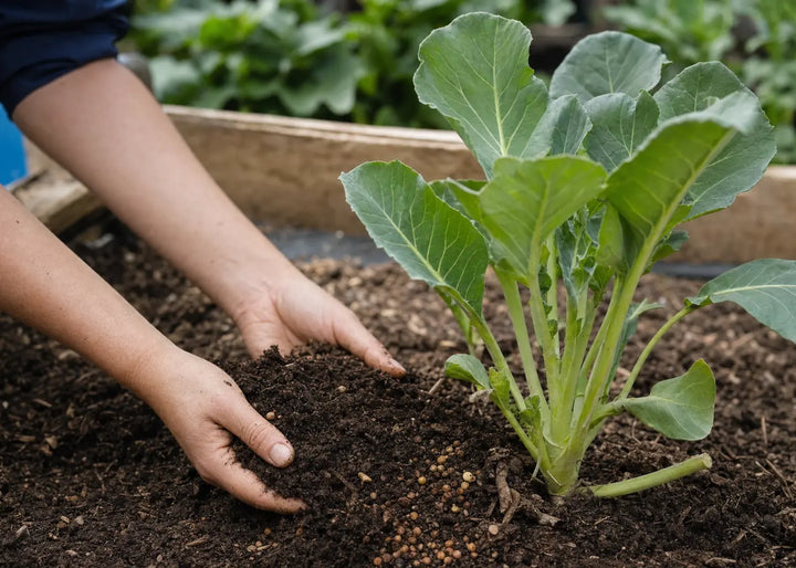 Mains épandant compost et engrais organique au pied d'un jeune légume