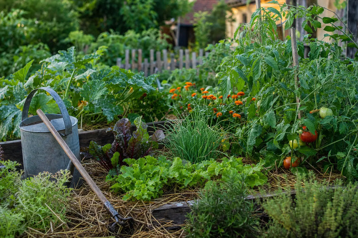 Potager bio en pleine santé : planches surélevées paillées, légumes variés et œillets d'Inde sous la lumière du matin