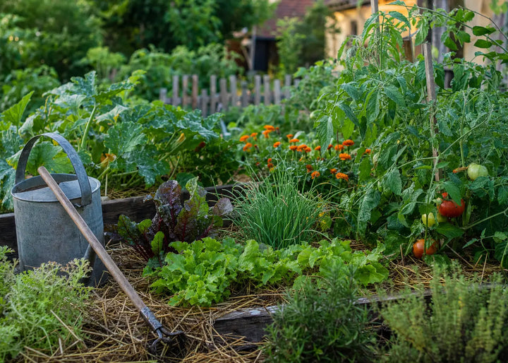 Potager bio en pleine santé : planches surélevées paillées, légumes variés et œillets d'Inde sous la lumière du matin