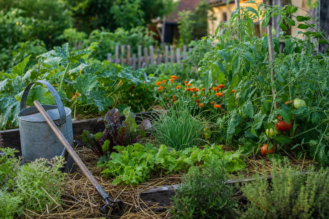 Potager bio en pleine santé : planches surélevées paillées, légumes variés et œillets d'Inde sous la lumière du matin