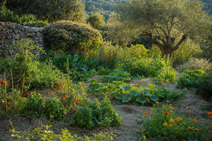Jardin en permaculture méditerranéenne paillé, oliviers, sous lumière dorée