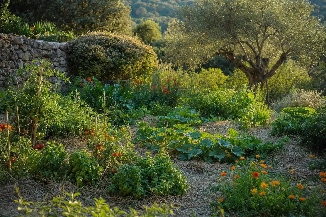Jardin en permaculture méditerranéenne paillé, oliviers, sous lumière dorée