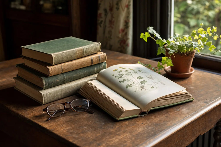 Livres de jardinage écologique toilés et livre botanique ouvert près d'une fenêtre