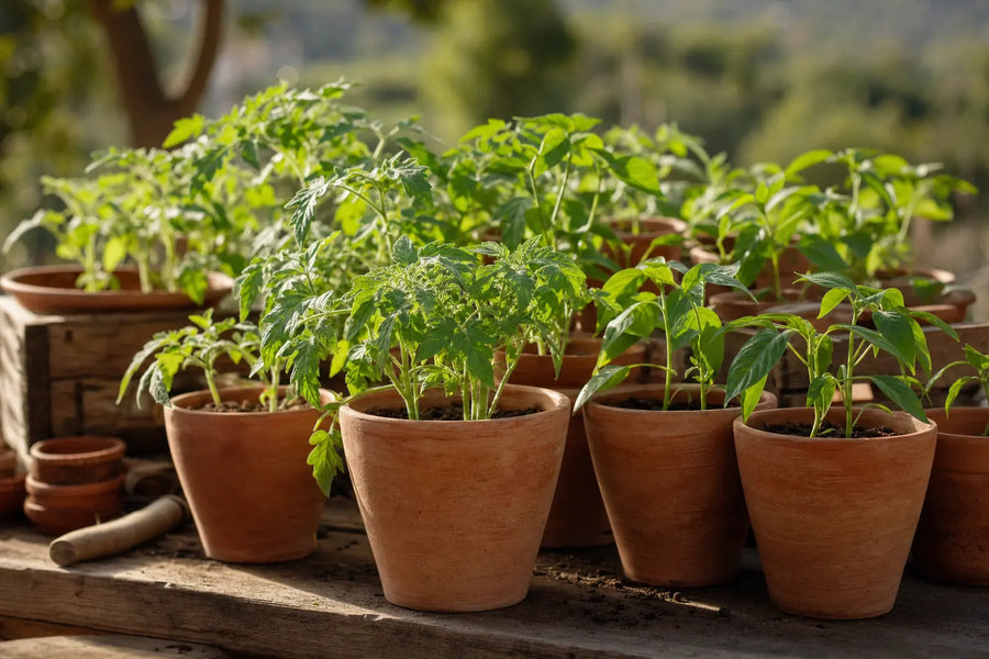 Plants potagers biologiques en godets terre cuite prêts à repiquer