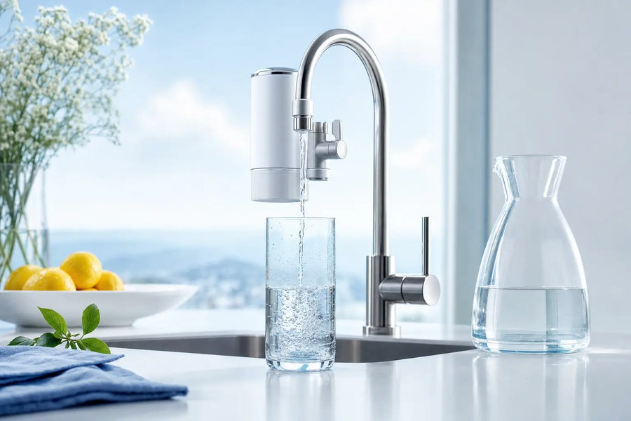 Purificateur d'eau sur robinet remplissant un verre d'eau pure — traitement de l'eau potable