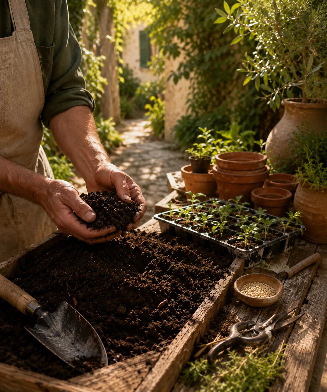 Jérôme, fondateur du Jardinier Français, préparant un terreau vivant